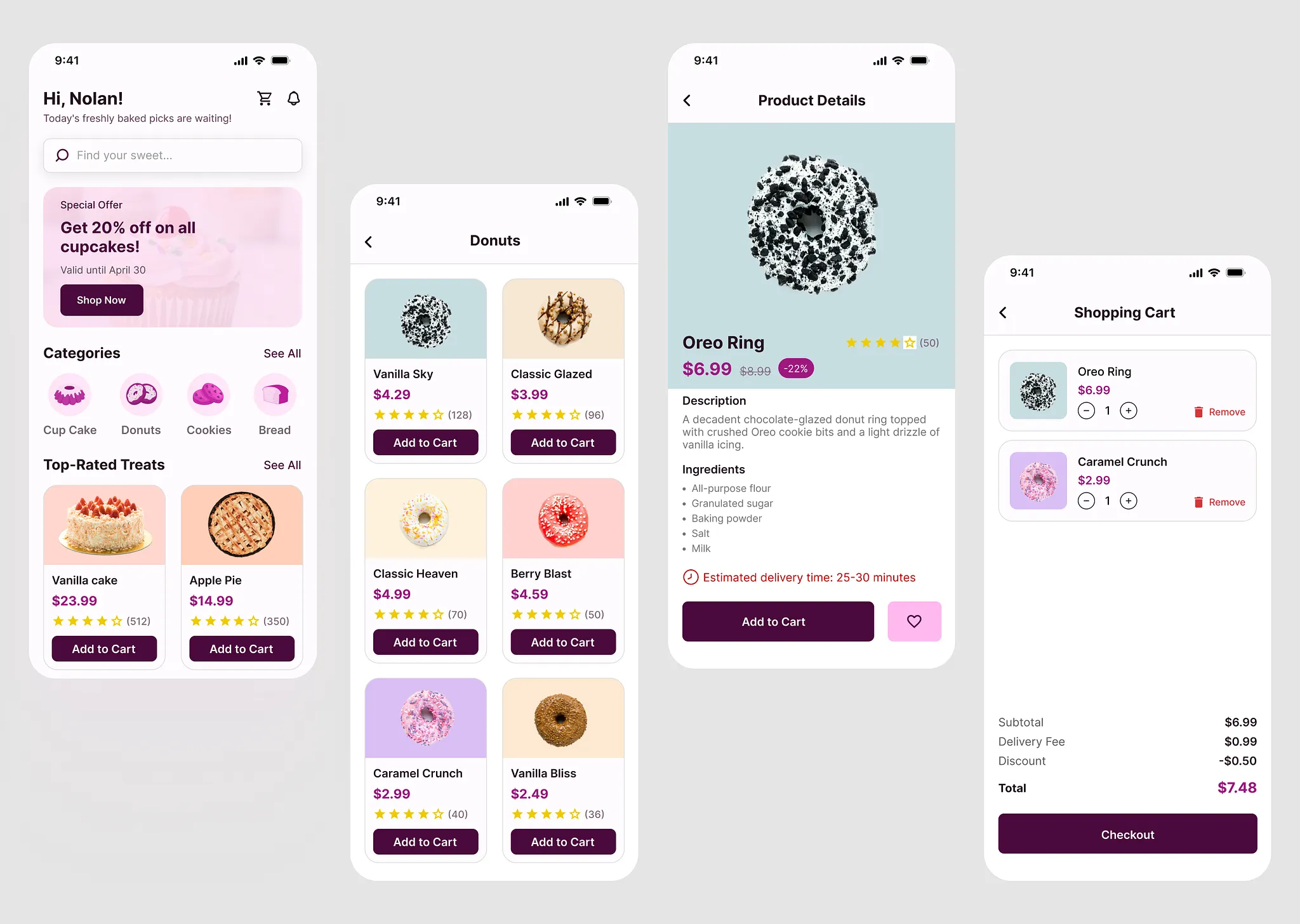 Bakery app mockup showing a product catalog, product detail, and cart screens