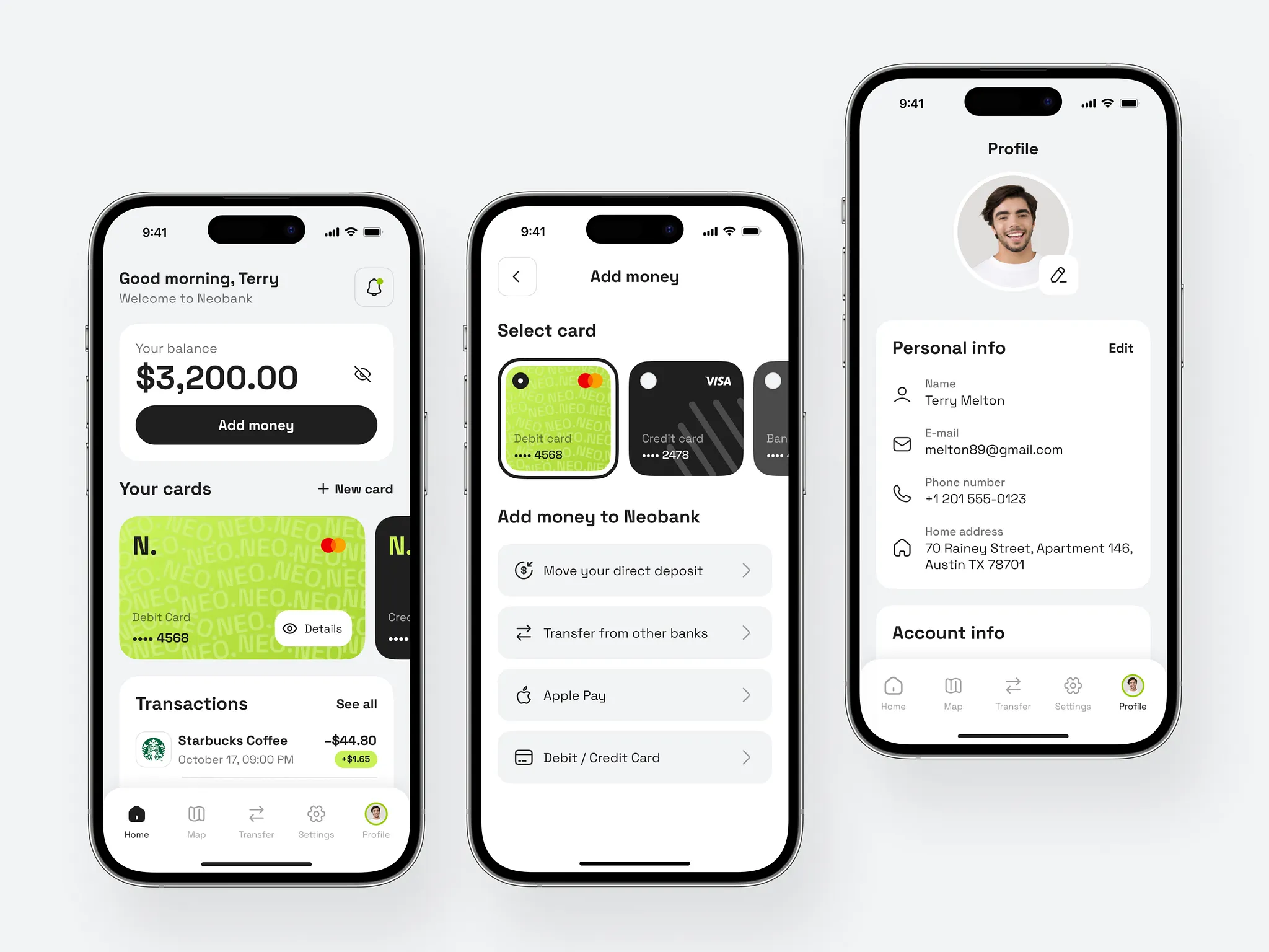 Banking app mockup showing balance, add money, and profile screens