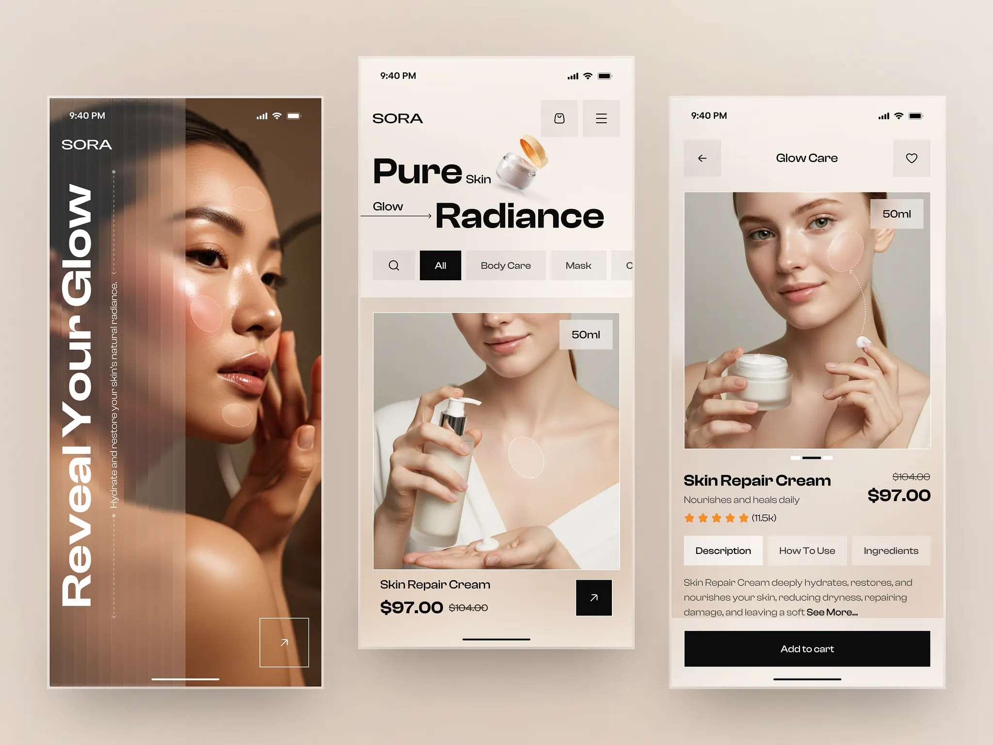 Cosmetics app mockup showing a product landing screen and product detail page