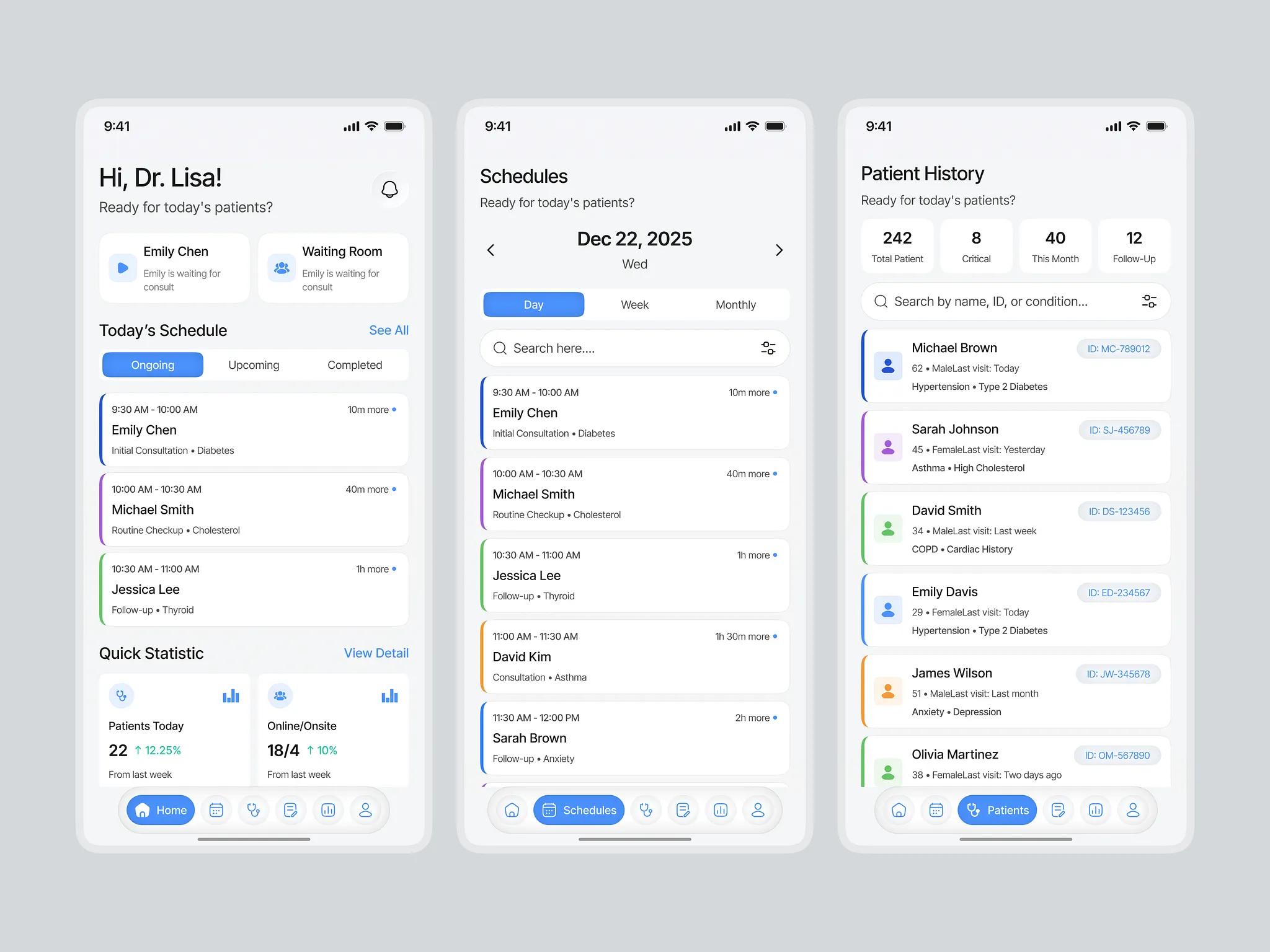 Doctor appointment app mockup showing schedule and patient history screens