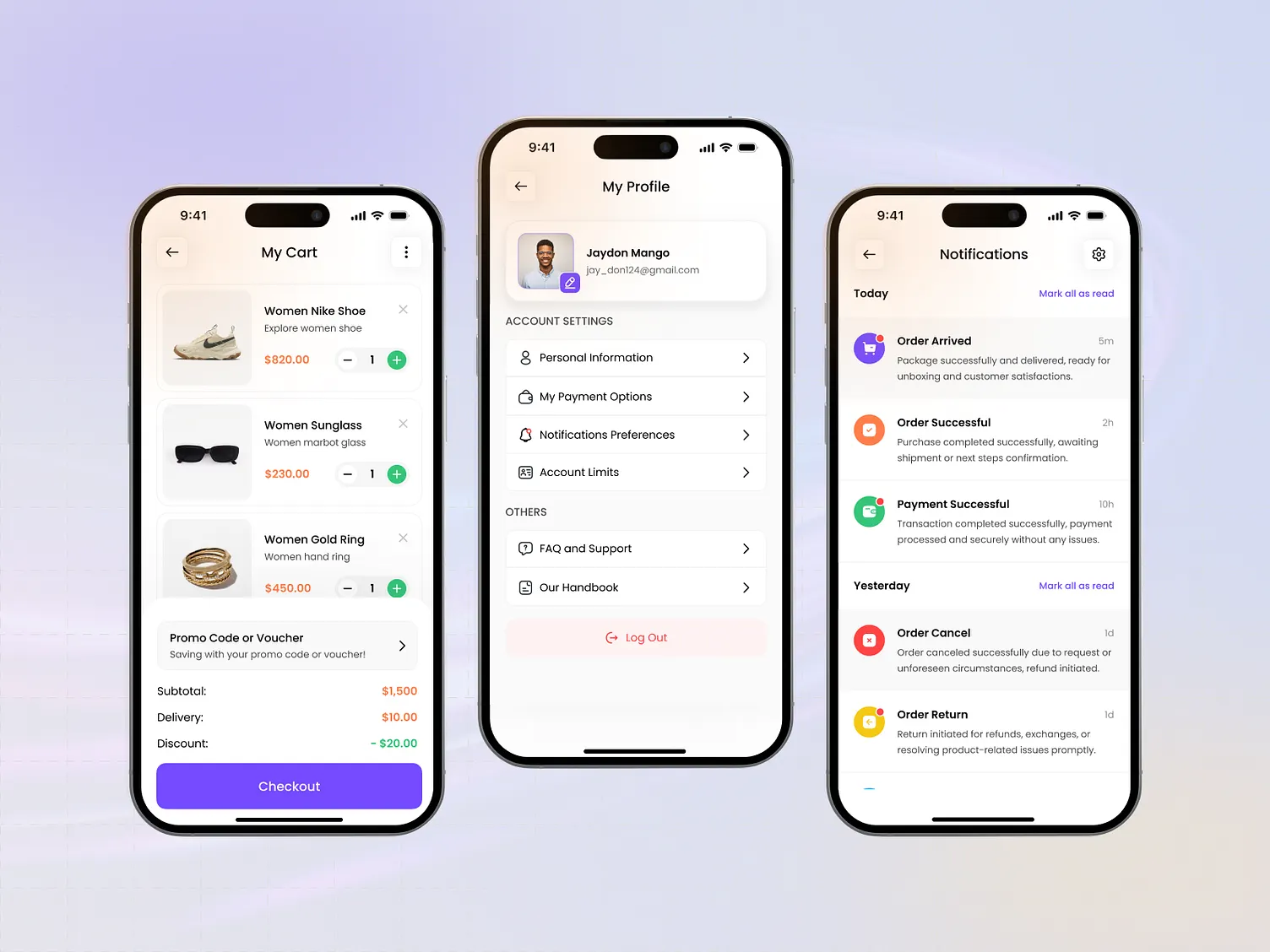 Ecommerce app mockup showing cart, profile, and notifications screens