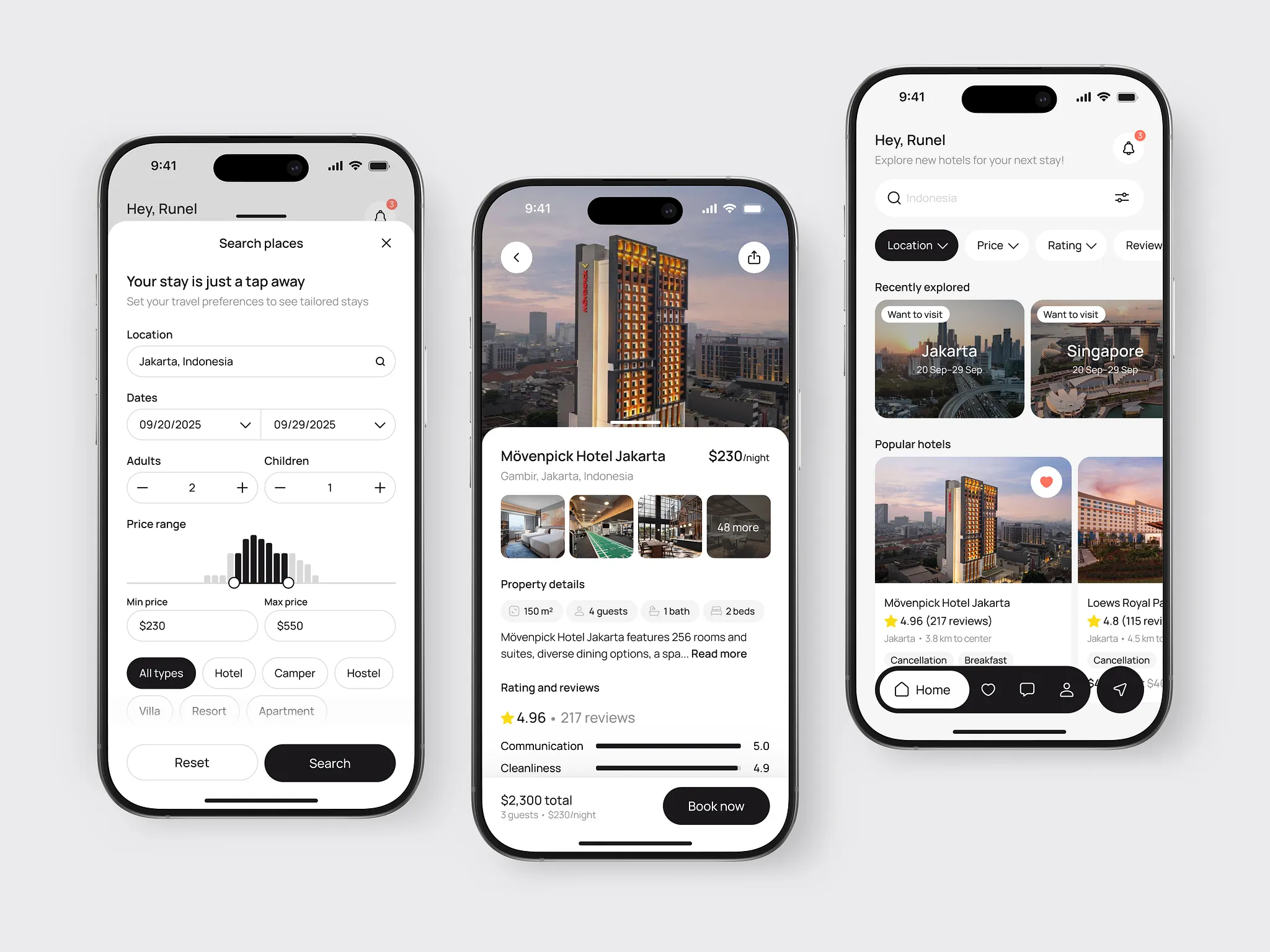 Hotel booking app mockup showing search filters and a property listing