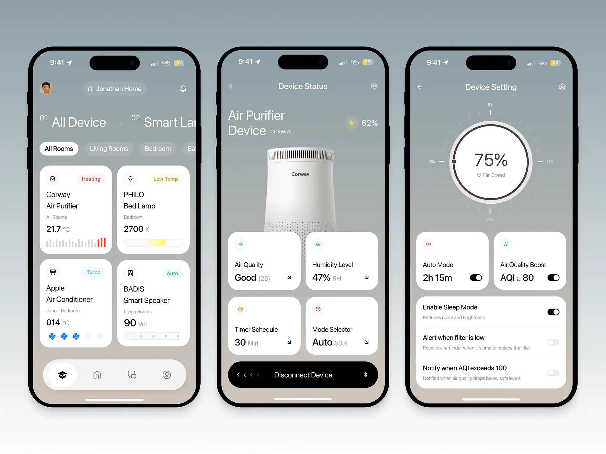 Smart home app mockup showing connected devices, device status, and settings screens
