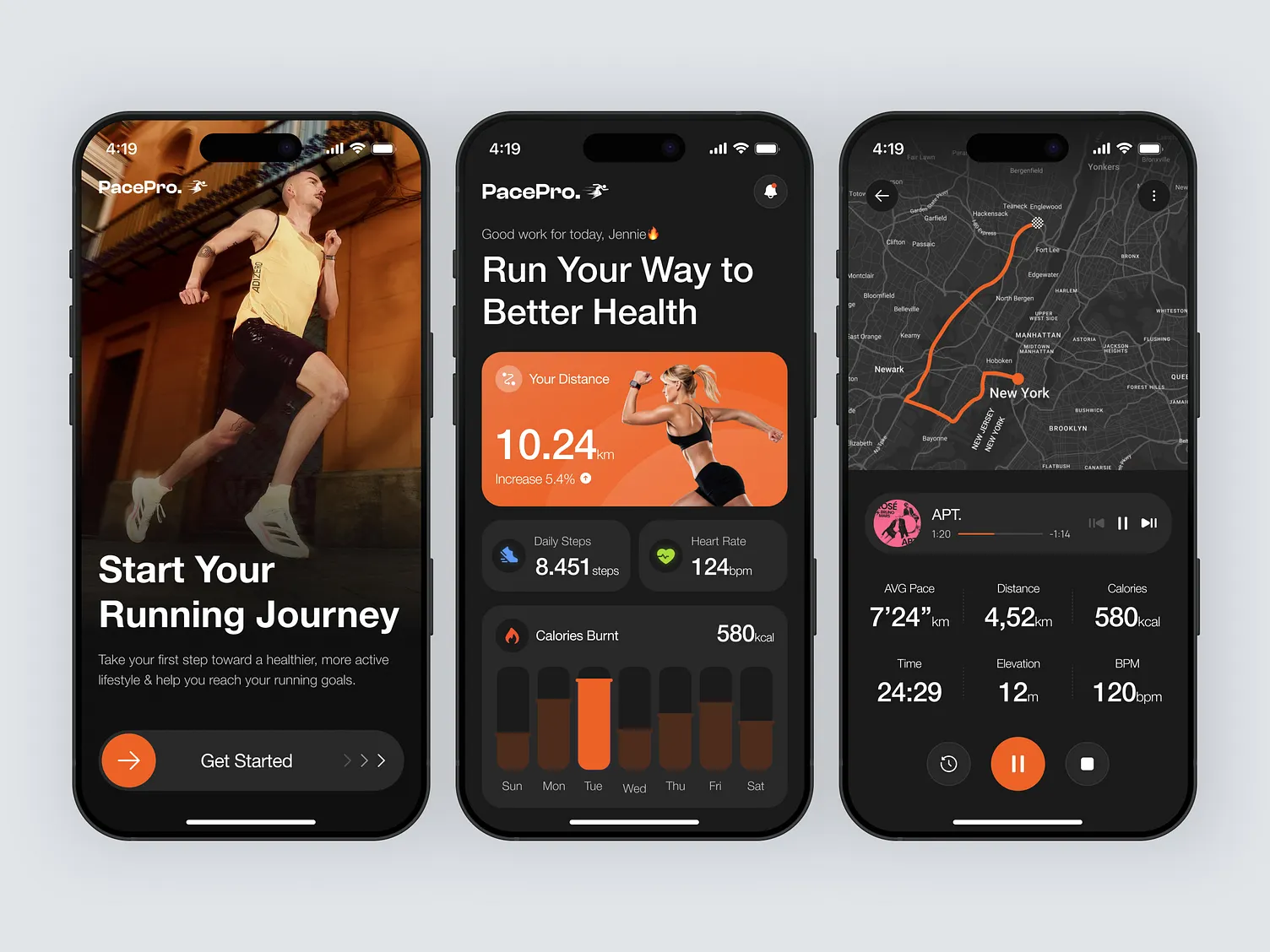 Running app mockup showing onboarding, daily stats, and a live GPS run screen