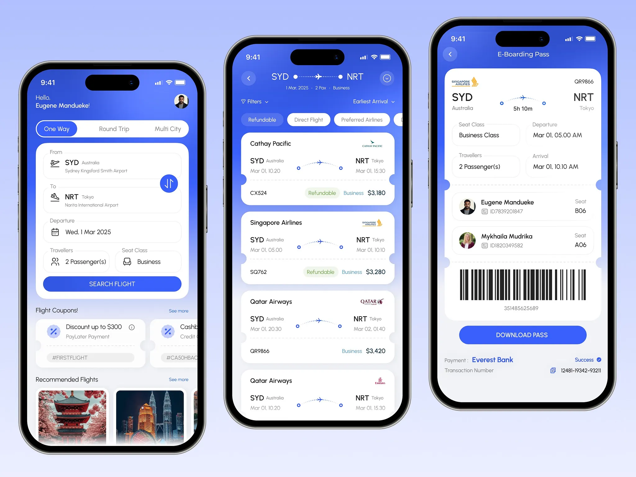 Travel booking app mockup showing flight search, results, and a digital boarding pass