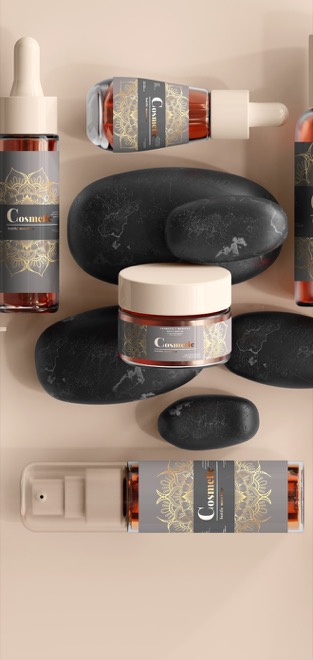 A premium cosmetics product line flat-lay, cropped for a mobile screen