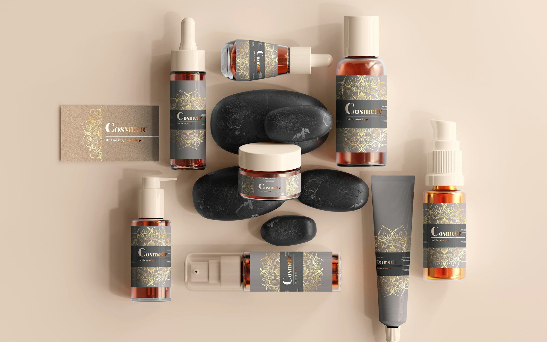A premium cosmetics product line flat-lay, styled as a skincare website hero