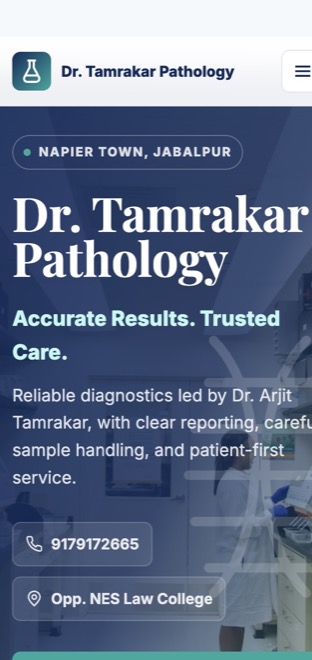 Dr. Tamrakar Pathology demo on a mobile screen with tap-to-call and directions buttons