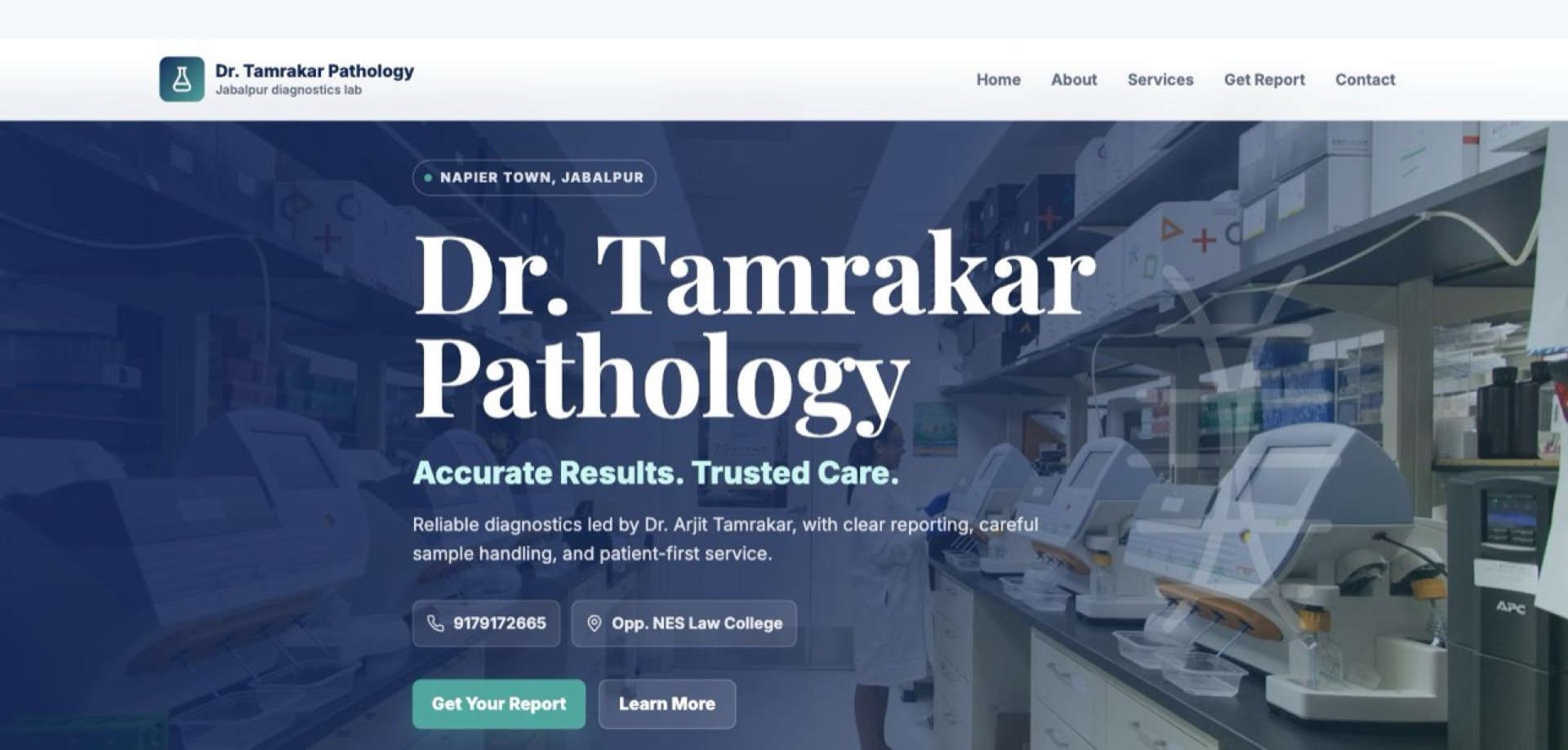 Dr. Tamrakar Pathology demo homepage with booking CTAs and lab imagery