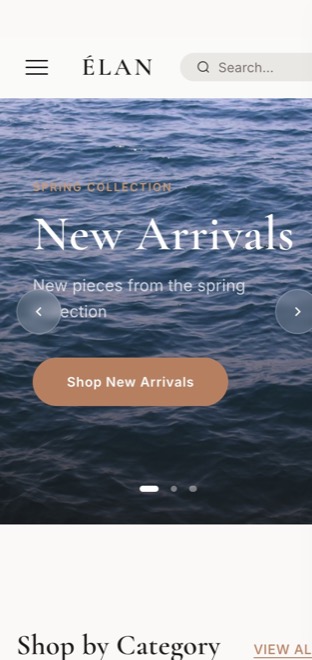 ÉLAN ecommerce demo on a mobile screen with the hamburger nav and hero CTA
