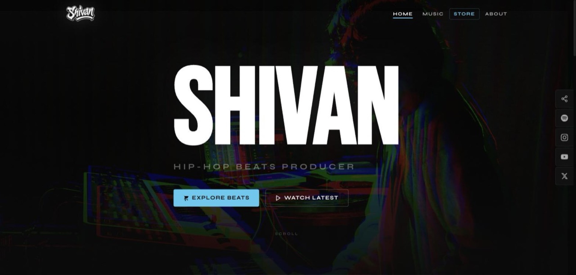 Shivan music producer demo homepage with a full-bleed hero and streaming links