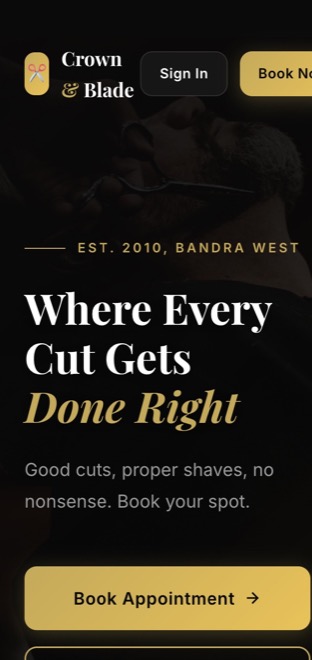 Crown & Blade barbershop demo on a mobile screen with the book-appointment button
