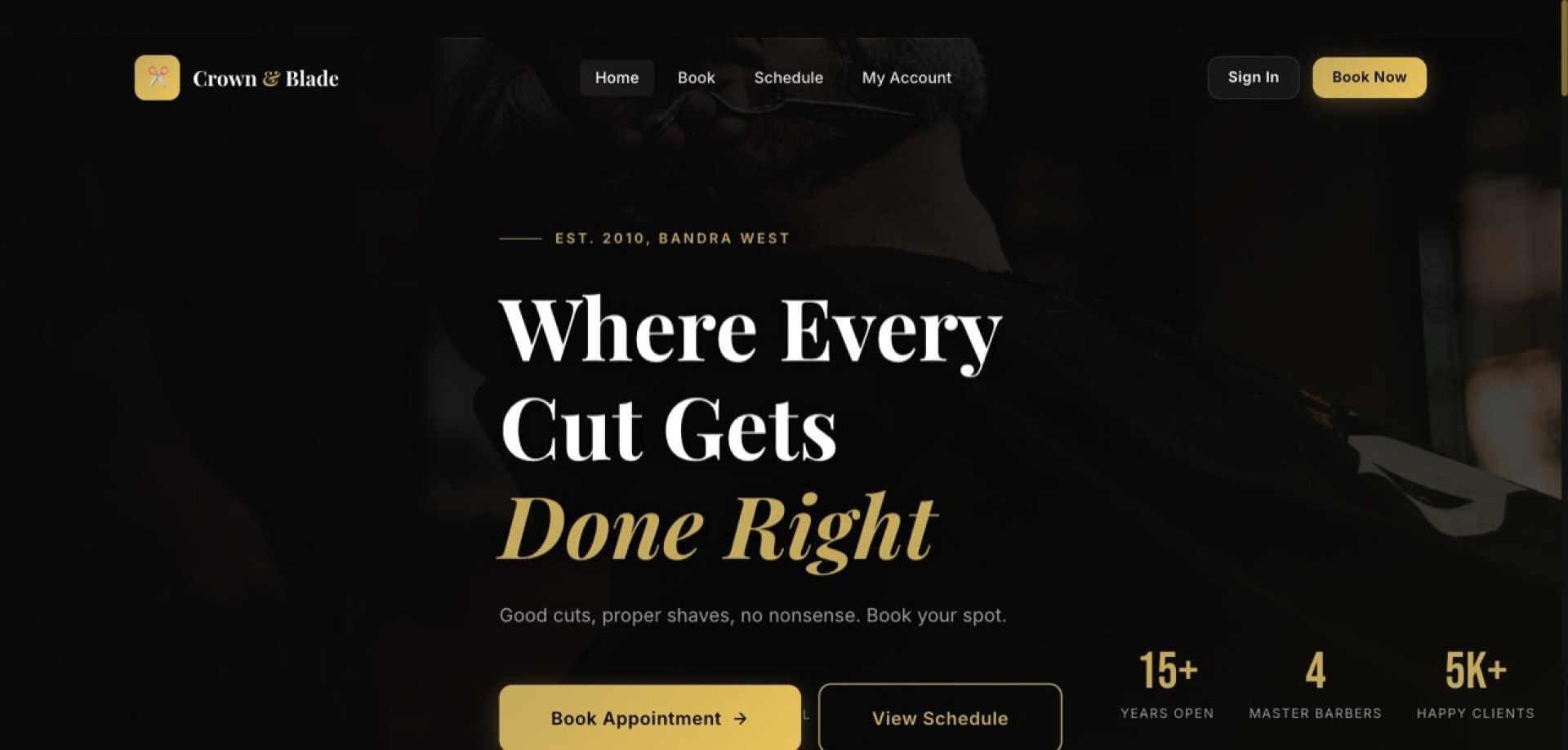 Crown & Blade barbershop demo homepage with booking stats and appointment CTA