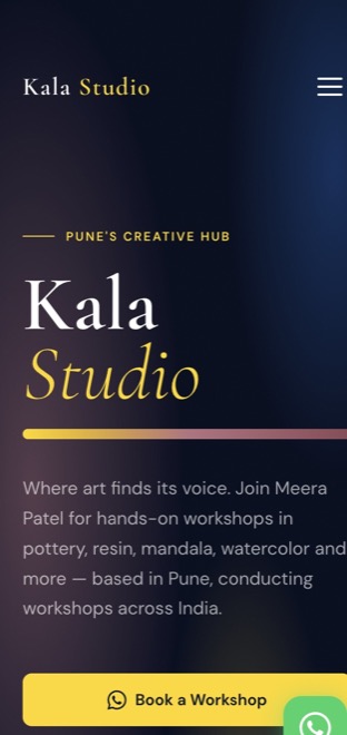 Kala Studio demo on a mobile screen with the WhatsApp booking button
