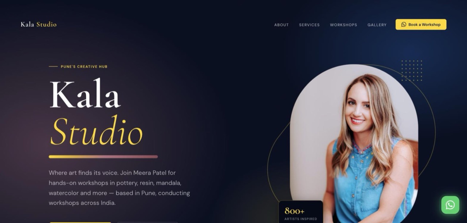 Kala Studio demo homepage with a portrait photo and workshop booking CTA