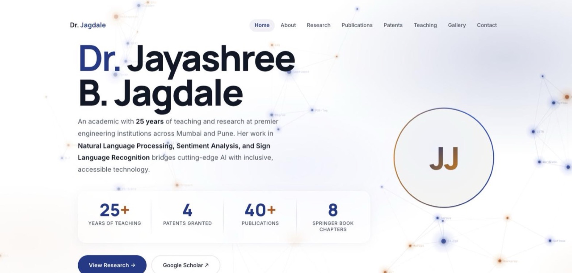 Dr. Jayashree Jagdale academic portfolio demo homepage with research stats
